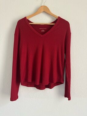 American Eagle Outfitters Ribbed V-Neck Long Sleeve Top - Red